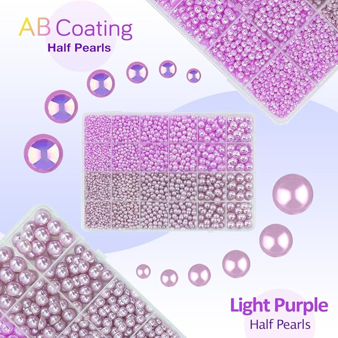 2 Styles Solid Purple+ Light Purple AB Flatback Pearls for Bedazzling Crafting 3mm-10mm Half Round Beads Gems Bedazzler Kit for Nails Face Eyes Makeup Tumblers Bottles DIY Crafts Shoes﻿ Phones