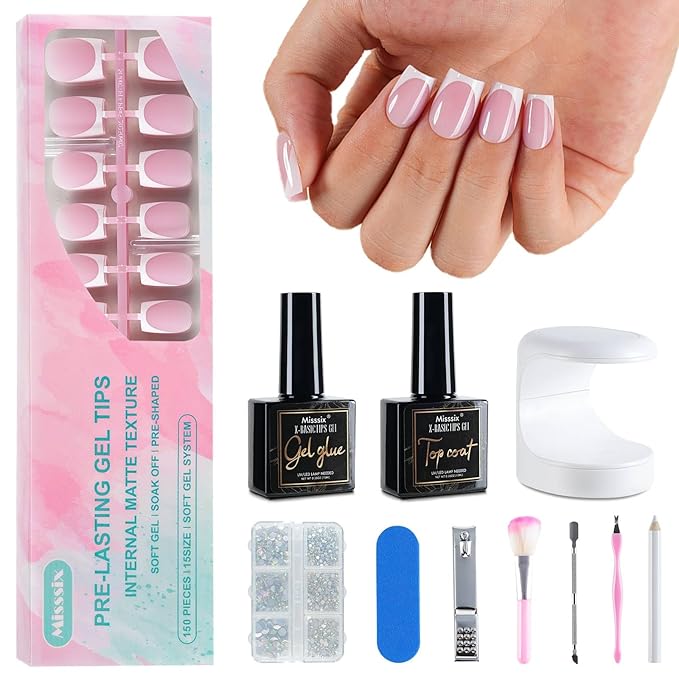 Misssix French Tip Press On Nails, 150Pcs French Gel Nail Tips Short Square, Pink White Soft Gel Fake Nails, X-BASIC Tips Starter Kit for Nail Art DIY 15 Sizes