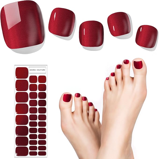 Semi Cured Gel Nail Strips – 32 Pcs Gel Pedicure Stickers - UV Nail Wraps for Toenails, Easy Application, Long Lasting, Salon Quality & UV Light Required - Red Wine P