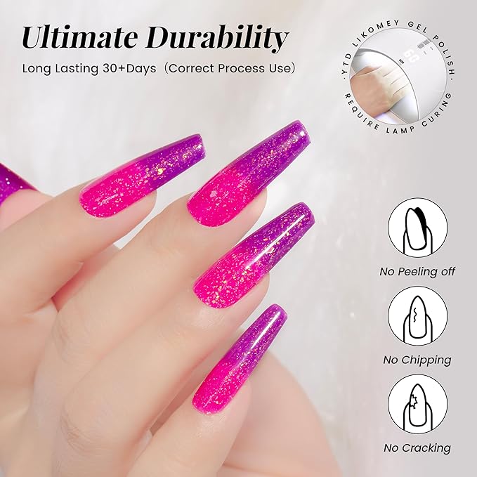 YTD Likomey Brocade Glitter Color Changing Gel Nail Polish,15ml Hot Pink To Violet Shimmer Glitter Mood Temperature Change Colors Iridescent Flakes,Fall Winter Thermal Ombre UV Nail Gel,WB351