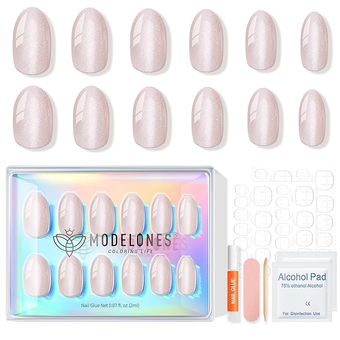 modelones Cat Eye Press on Nails, Short Oval Fake Nails Kit Press Ons with Nail Glue, Adhesive Tabs, Nail File, Prep Pad, Manicure Stick, 32Pcs 16Sizes, Spring Women Girl Gift