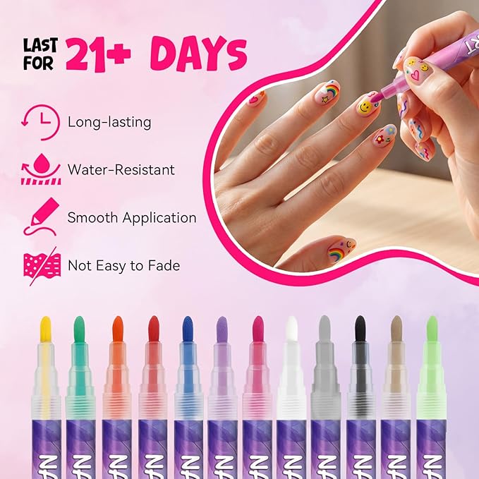 12 Colors Nail Art Pens Set, 0.7mm 3D Nail Polish Pens, Quick Dry, Long Lasting & Waterproof Acrylic Nail Art Markers, Home & Salon Nail DIY, Parties Events, Gift for Valentine’s Day