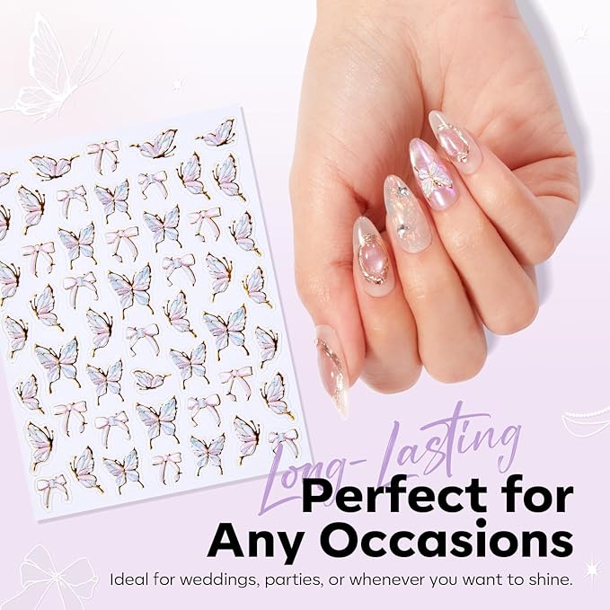 modelones Gel Polish Nail Stickers, 3D Embossed Floral Self-Adhesive Nail Decals, Butterfly&White Elegant Lace Flowers Petals Nail Art Design for Spring Summer Manicure DIY Nail for Women & Kids 5Pcs