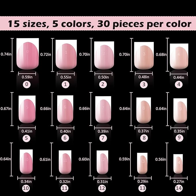 French Tip Press on Nails Short Square Full Cover Thick Fake Pre-shaped Acrylic Nail Tips, 5 Colors, Manicure Salon & DIY at Home 150 PCS 15 Sizes