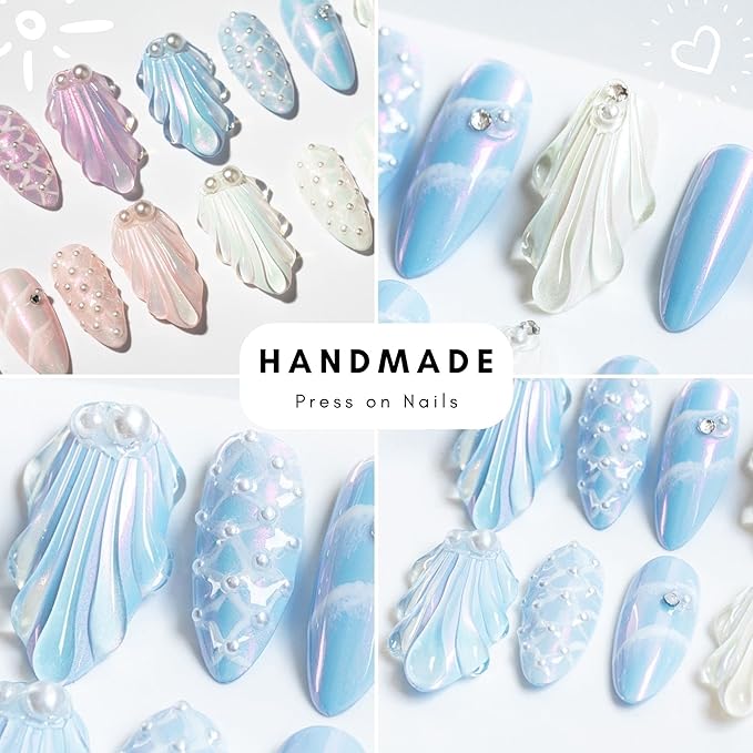 Sun&Beam Nails Handmade Press On Nail Medium Long Almond Oval Pink White Pearl Shell Fake Tip 3D Design Art Charms Cute with Storage Box 10 Pcs (#028 L)