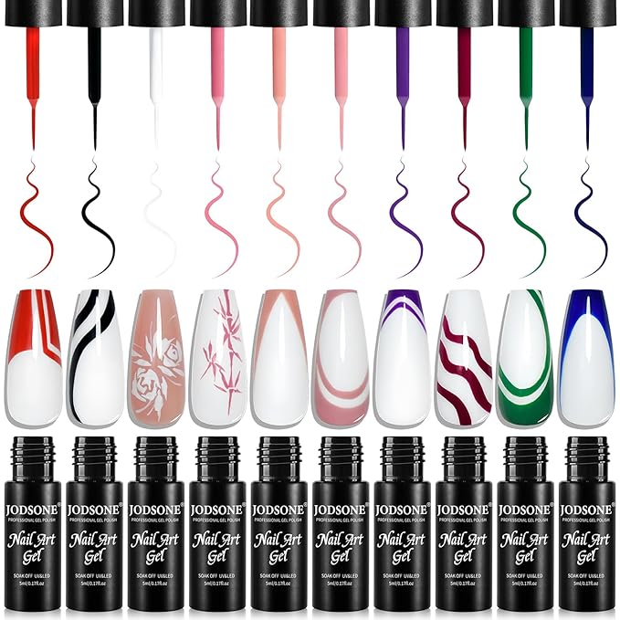 JODSONE Nail Art Gel Liner Set 10 Colors White Red Black White Gel Nail Polish Need U V Lamp Cured with Thin Brush,Valentines Gifts for Women