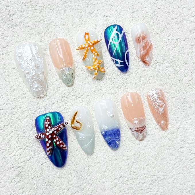 Medium Almond Thick Press on Nails Handmade Nails with Glue,Reusable Ocean Nails Sea Star Conch Designs Fake Nails Nude Pink Acrylic Nails Nature Stick on Nail False Nails for Wome (Size M)