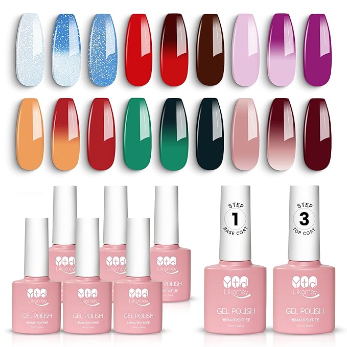 YTD Likomey Color Changing Gel Nail Polish 6 Colors with Base and Top Coat Kit,Fall Winter Mood Temperature Change Colors Red Green Blue Ombre Thermal Manicure UV Color Gel Set,8 Pcs 7.5 ml