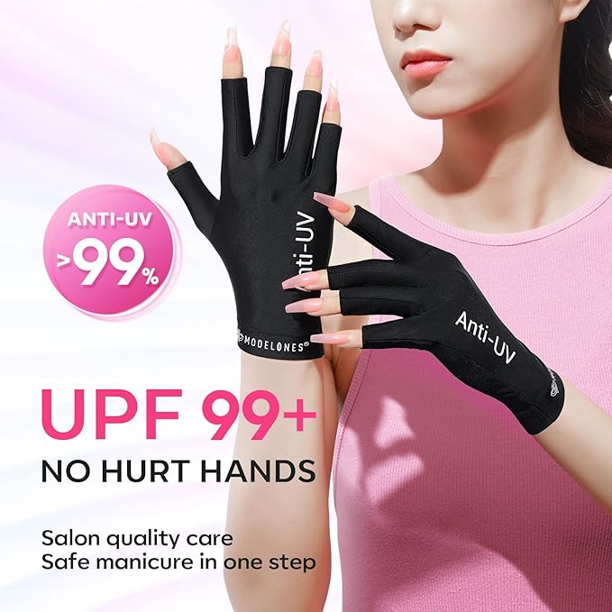 modelones Professional UPF99+ UV Protection Gloves and Rhinestone Glue for Nail, No Wipe Nail Gem Glue, Super Strong Adhesive Glue Gel with Nail Charms & Dual-Use Nail Brush for Nail Rhinestones/Nail