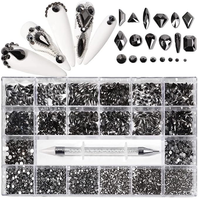 Nail Art Rhinestones and Gems Sets,600pcs Black Multi Shapes Glass Crystals, 2500pcs FlatBack Gemstones for Nail Art Accessories 3D Diamond, Wax Pen for Rhinestones, Acrylic Beads Storage Container