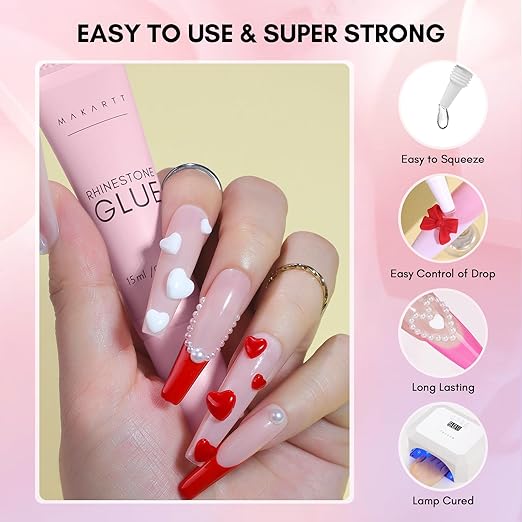 Makartt Nail Charm and Rhinestone Glue Kit, 15ml Gel with Preals Rhinestones Gems 3D Art Bowknot Heart Decor Acrylic Supply for Nails Techs DIY