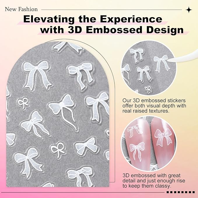 3 Sheets Bow Nail Sticker 3D Embossed Self-Adhesive Color Bow Art Nails Decals 5D Design Stickers Supplies for Women Girls Manicure Decoration 807-10