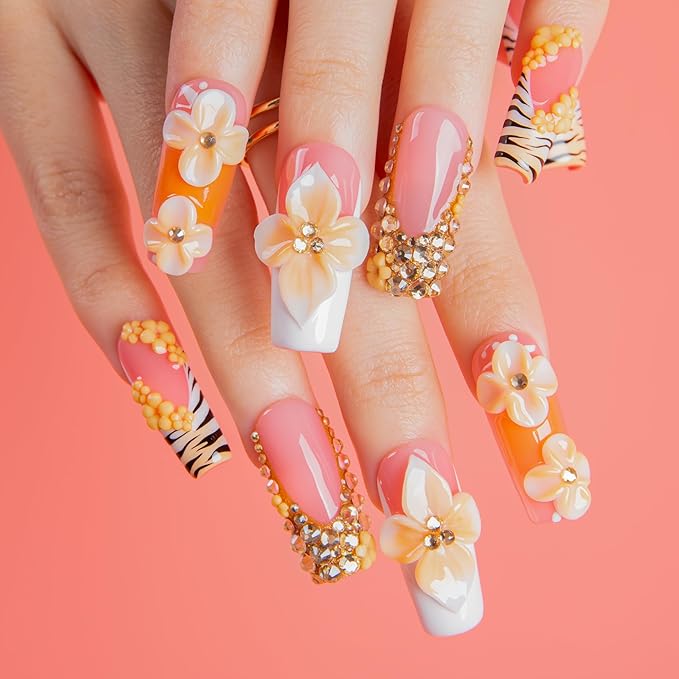 LOVFUL Short French Tip Press on Nails Citrus Muse | Handmade Acrylic Press ons| Reusable Fake False Nails | Square Classic Regular 1.3in | H672-S