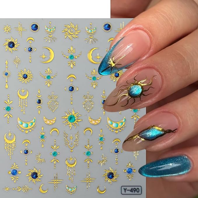 4 Sheets Boho Nail Stickers for Nail Art 5D Embossed Sun Moon Star Nail Decals Gold Silver Stickers with Bohemia Style Design,3D Self Adhesive Nail Art Supplies for Women,DIY Manicure Decor