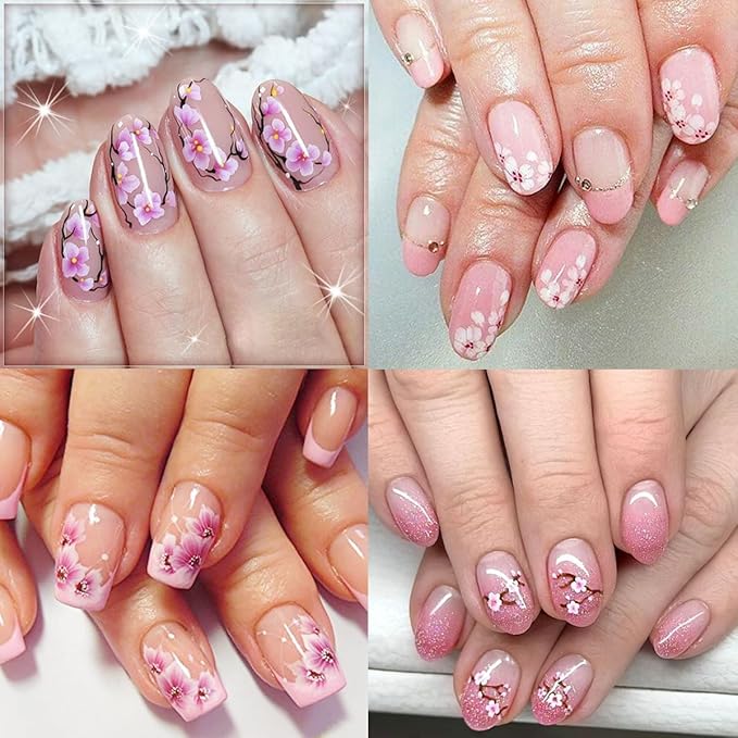8Pcs Cherry Blossoms Nail Stickers 3D Self Adhesive Pink Flower Nail Art Stickers Spring Summer Peach Blossom Petals Leaves Nail Art Design Nail Decals Floral Nail Supplies for Acrylic Nail Decoration