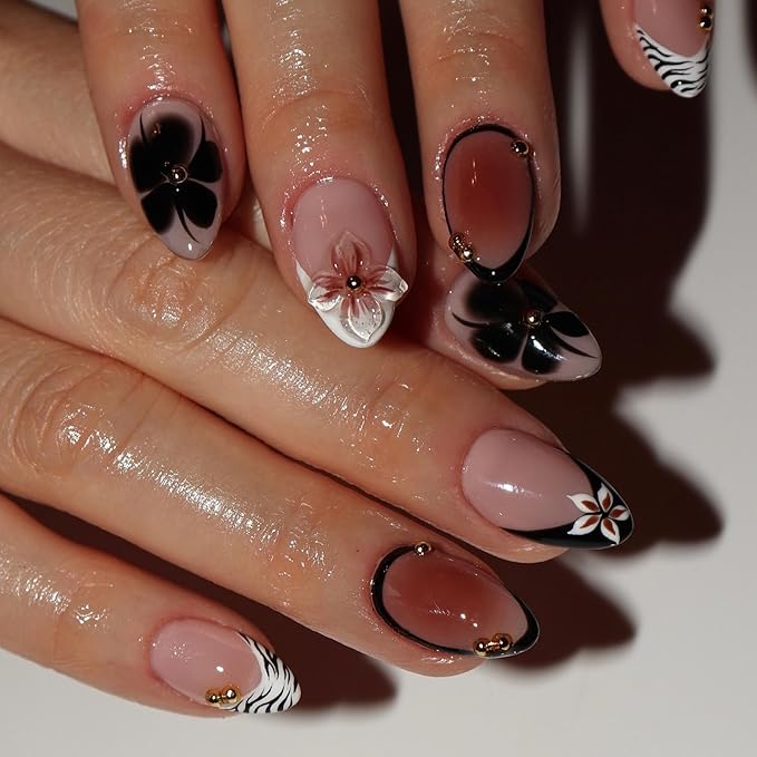 Press on Nails Almond - Short Fake Nails with Flower Design - Ombre French Tip False Nails Press ons - for Women 24 Pcs