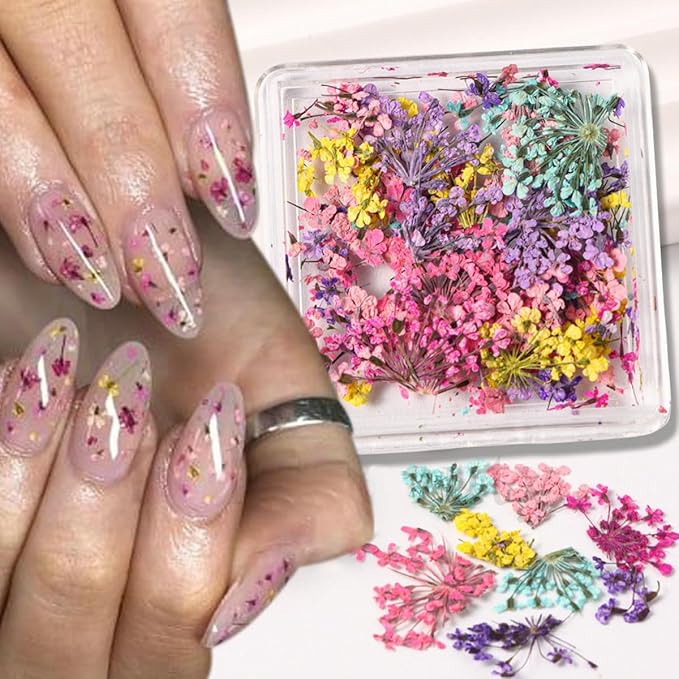 4Box 3D Dried Flowers Nail Art Stickers Colorful Dry Flower for Nails Kit - DIY Mini Mix Flower Petals Nail Stickers Natural Floral Dried Flower Decals for Nails Design Manicure Accessories Craft