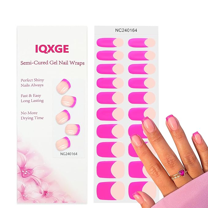 Fuchsia Semi Cured Gel Nail Strips French Tip 20Pcs Clear UV Gel Nail Stickers Glossy Hot Pink Nails Polish Strips UV/LED Light Needed Self Adhesive Full Polish Nails Wraps for Women