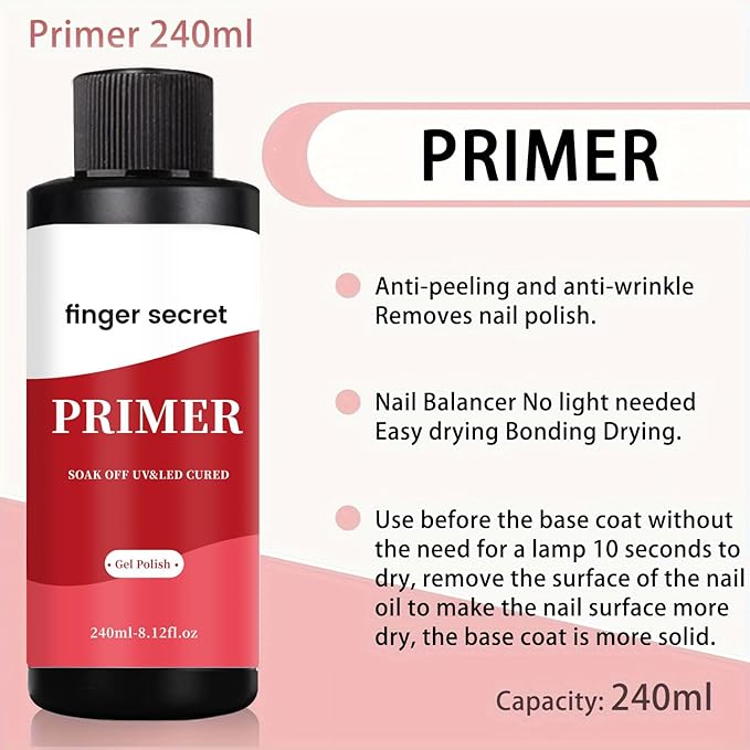240ml/8floz Nail Primer for Gel Polish,Primer Nail Prep, Nail Primer for Nail Art Design in Salon or Home Use