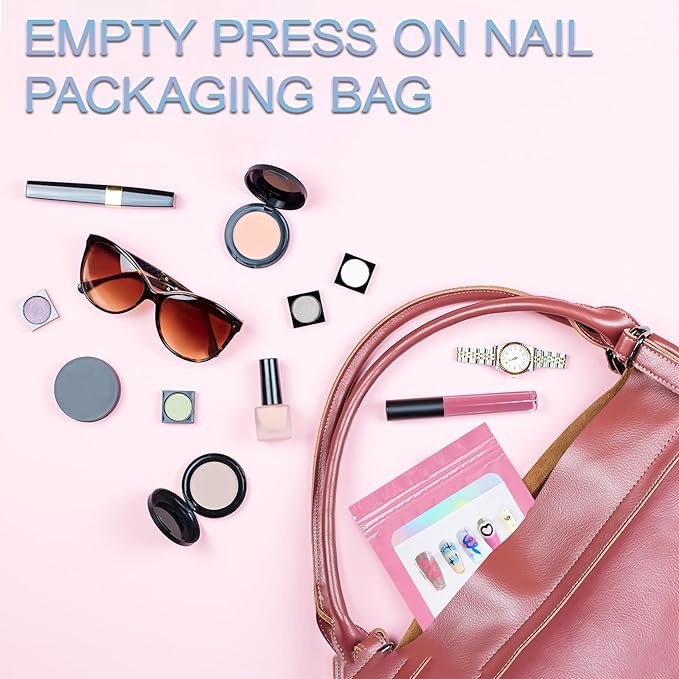 100 PCS Press On Nails Packaging Bag Holographic Nail Storage Bag and 100PCS Shiny White Pearl Card with 7 Sheets Pre-cut Nail Tape (Pink)