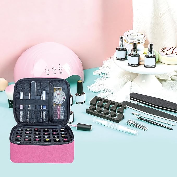 Nail Polish Organizer, Handheld Double Layer Organizer Holds 30 Bottles (15 ml/0.5 floz) with Adjustable Dividers for Nail Polish Small Manicure Lamp Manicure Tools Essential and Travel,Wine