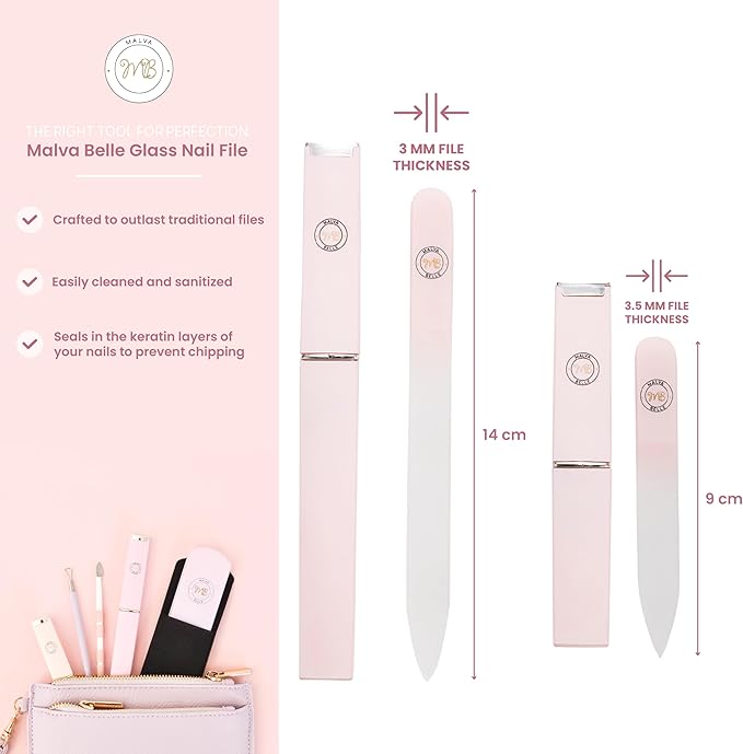Malva Belle Best Crystal Glass Nail File for Women - File & Travel Case Set - Heavy Duty for Natural Nails, Gel - Professional Nail Shaper – Nail Care Essentials - Pastel Pink Gift Set