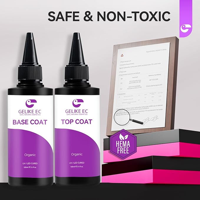gelike ec Base Gel Top Coat Set: 2x100ml Hema Free Great Value Refill for Nail Techs Manicure Salon Store Compatible with All Gel Nail Polish & Acrylic Nails