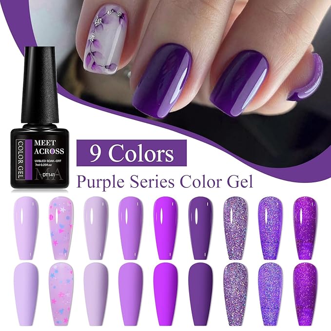 MEET ACROSS 9 Colors Gel Nail Polish + 3PCS Function Gel Nail Polish Kit,Fashion Nail Art Set Design Gifts for Women Manicure Salon (SET2, 12pcs)