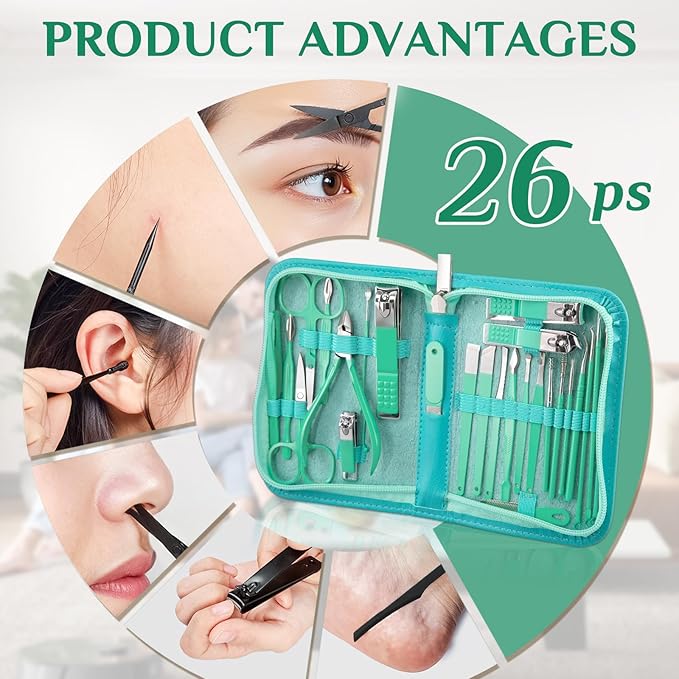 Travel Manicure Set 26-Piece, Portable Nail Clippers Kit with PU Case, Carbon Steel Clippers, 410 Stainless Steel Grooming Tools, Hand Foot Facial Care for Luggage Backpack