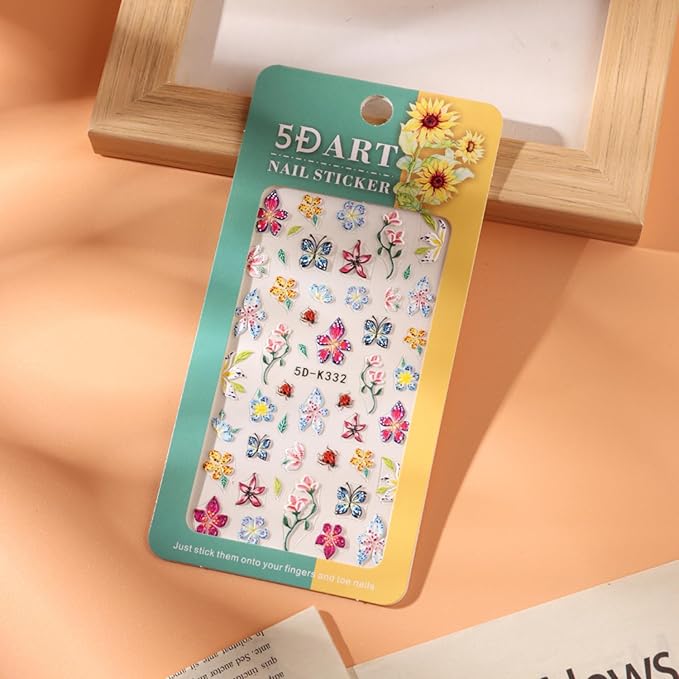Stickers para Uñas Nail Stickers Self-Adhesive Sticker Colorful 3D Wild Flower Embossed Calcomanías para Uñas Floral Art Design Accessories Hight Quality 4 Sheets