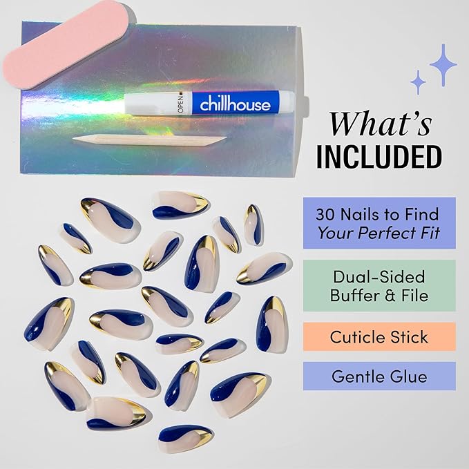 Chillhouse - Chill Tips, Press on Nails Kit - Catch the Crown (Almond) - 30 Nail Shapes & Sizes - Up to 2 Weeks of Wear - Customizable Fit - Reusable - Latina Founded & Women Owned - Beauty, Self Care