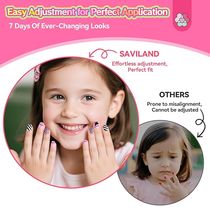 SAVILAND Glamkids Press on Nails for Kids: 7 Days Of Ever-Changing Looks Kids Press on Nails Gentle Fake Nails Pre Glue Full Cover Nails for Christmas Gift Party PlayfulNails