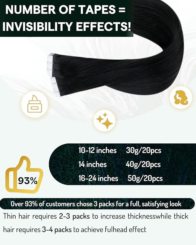 RUNATURE Tape in Hair Extensions Human Hair Jet Black, 30 Inch Tape in Extensions for Women, Long Straight Hair Extension Tape ins, Natural Looking,Thick Ends #1 50g 20pcs