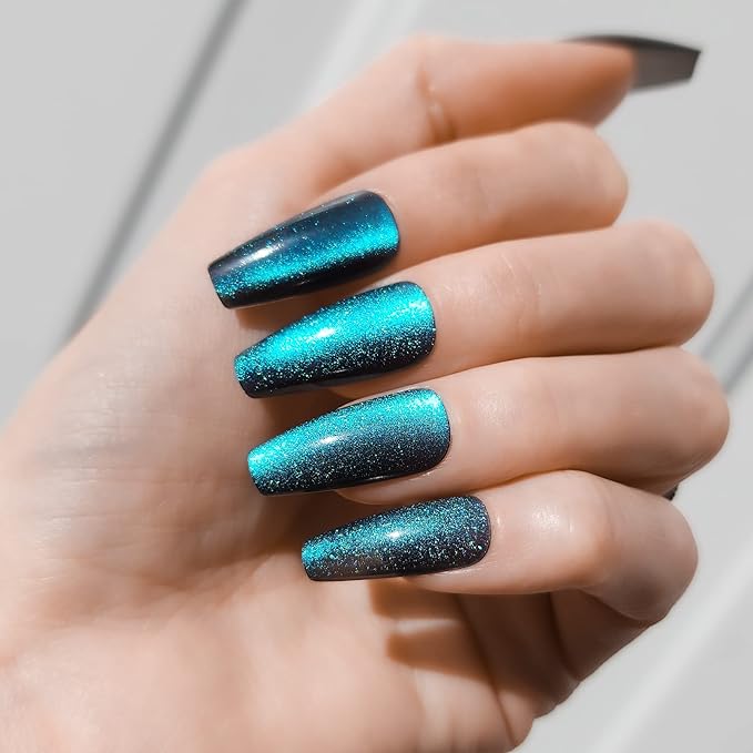 Hypnaughty 24 Pcs Ocean Cat Eye Effect Blue Glossy And Sparkly Coffin Long Press On Nails With Nail Kit And Glue (Ocean Cat Eye)