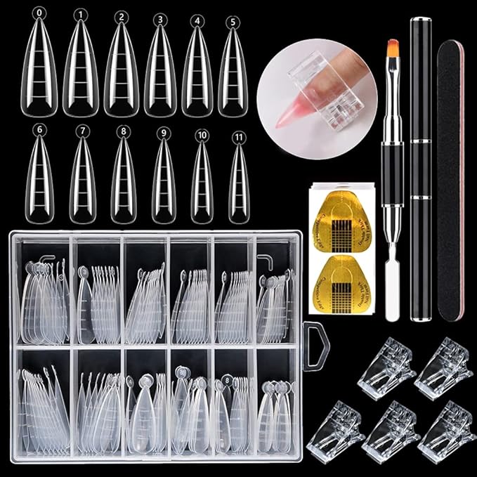 LIONVISON Poly Gel Nail Forms: 120Pcs Stiletto Shape Extension Gel Nail Molds Clear Acrylic Nail Tips - 100Pcs Nail Forms Stickers for Polygel with Dual-Ended Nail Brush and Nail File