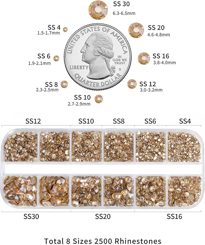 Beadsland Rhinestones for Makeup,8 Sizes 2500pcs Gold Flatback Rhinestones Eye Gems for Nails Crafts with Tweezers and Wax Pencil,Golden Shadow,SS4-SS30