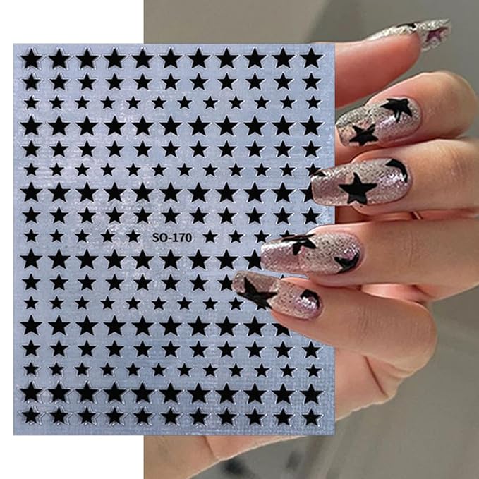 Star Nail Stickers 6Sheets Glitter Shiny Star Nail Art Supplies Black White Rose Gold Silver Nail Design Stickers Colorful Self-Adhesive Stars Nail Decals for Women Girl DIY French Manicure Decor Tips