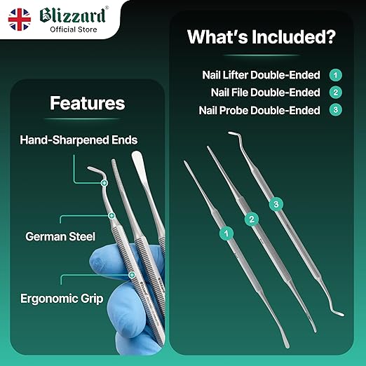 Ingrown Toenail File Set by Blizzard – 3 Piece Double-Ended Tool Kit with Blacks File, Nail Cleaner and Lifter for Cleaning and Care of Ingrown Toenails - Premium Stainless Steel