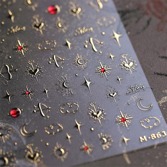 5D Embossed Nail Stickers Gold Star Nail Art Stickers Heart Nail Decals Self-Adhesive Nail Art for Women Moon Sun Nail Manicure Decoration