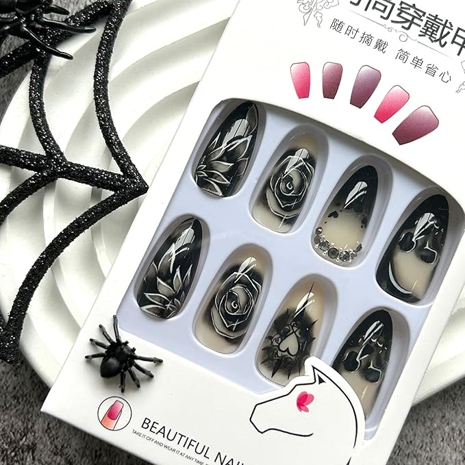 Stiletto Press-on Nails - Goth Fake Nails with Skull & Black Rose Design, Rhinestone Full Cover Acrylic Nails, 24pcs for Women, Girls & Halloween Manicure