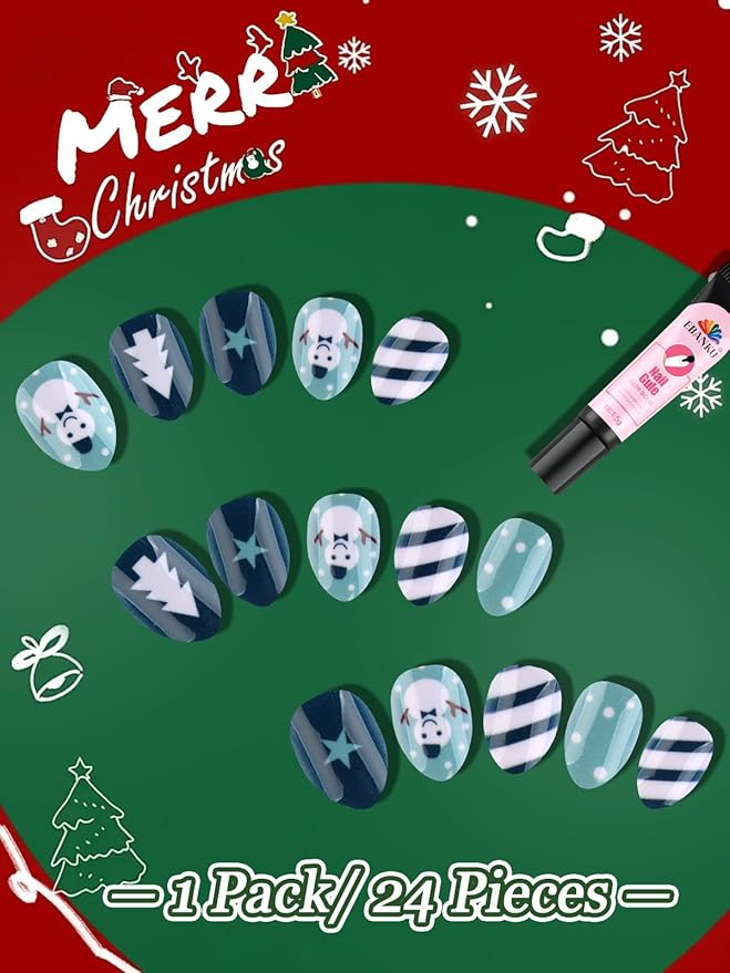 Christmas Press on Nails Kid, EBANKU 24Pcs Almond Fake Nails Kit Full Cover Blue Snowman Cute Design Acrylic Nails with Nail Glue Nail Adhesive for Girl