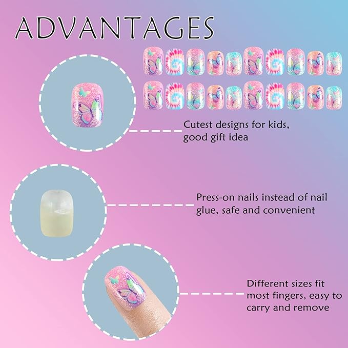 Laza 60pcs Children Nails Press On Pre-glue Full Cover Glitter Gradient Color Rainbow Sparkling Star Unicorn Shell Short False Nail Kits for Kids Teenager Girls - Mermaid Butterfly
