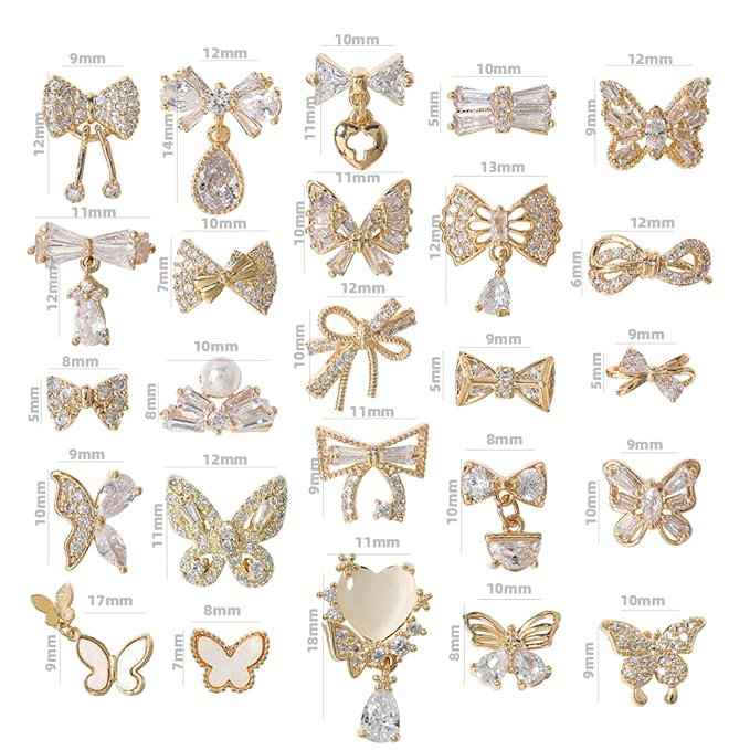 HNUIX Butterfly Nail Charms and Gems - Gold Copper Zircon, Multiple Shapes, Metal Bow-Knot Jewelry Rhinestones Charms, 27Pieces