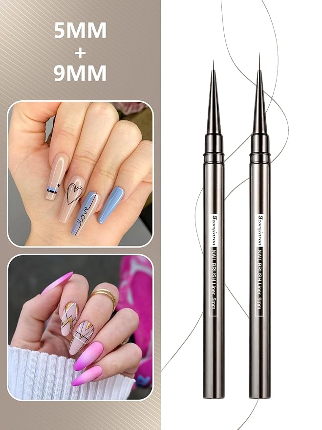 Nail Liner Brush, Fine Line Nail art Brushes 5/9/15/20/25mm Thin Line Nail Brushes Detail Drawing, Liner Brush for Nails Gel