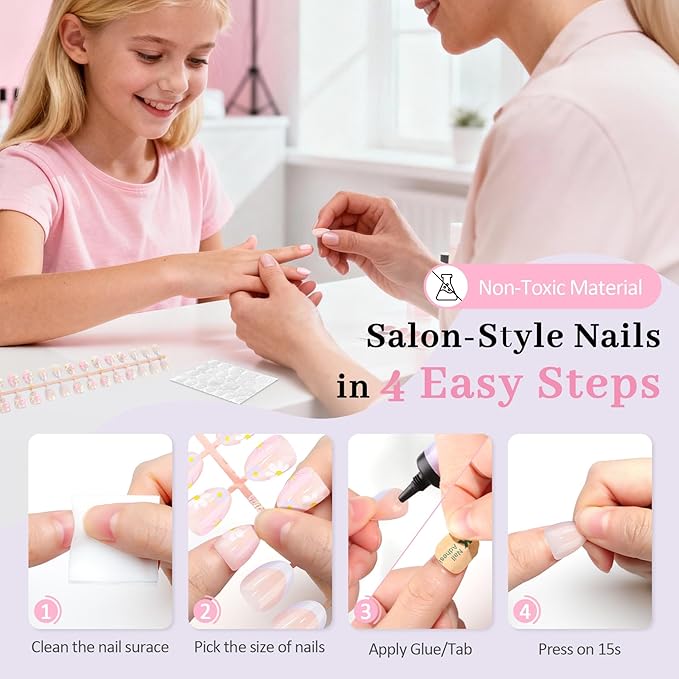 16 Sizes Press on Nails Kit for Kids - 32 Pieces French Almond Fake Nail Tips for Girls 8-12 Years Old with Jelly Nail Adhesives & No-Lamp Nail Glue, Birthday Christmas Gift