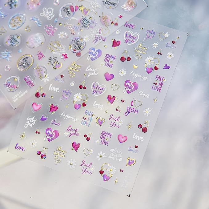 5D Embossed Valentines Day Nail Stickers Self-Adhesive Letter Nail Art Stickers Gold Purple Pink Retro Alphabet Cherry Love Designs Cute Nails Art Supplies Heart Nail Decals for Women Manicure DIY