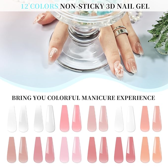 JEWHITENY 12 Colors Non-Sticky Solid Builder Gel Set:Sculpting Gel for 3D Nail Art, Extension & Nails Carving Salon-Quality Builder Nail Gels