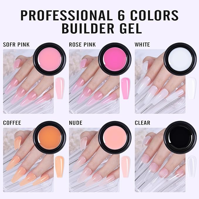 Builder Gel for Nails Kit - 10-IN-1 6 Colors Thickening Nail Set White Clear Soft Pink Rose Nude Coffee Hard Scuplted Gel for 3D Extension Sculpting Tips Base Rhinestone Soak Off UV/LED Manicure