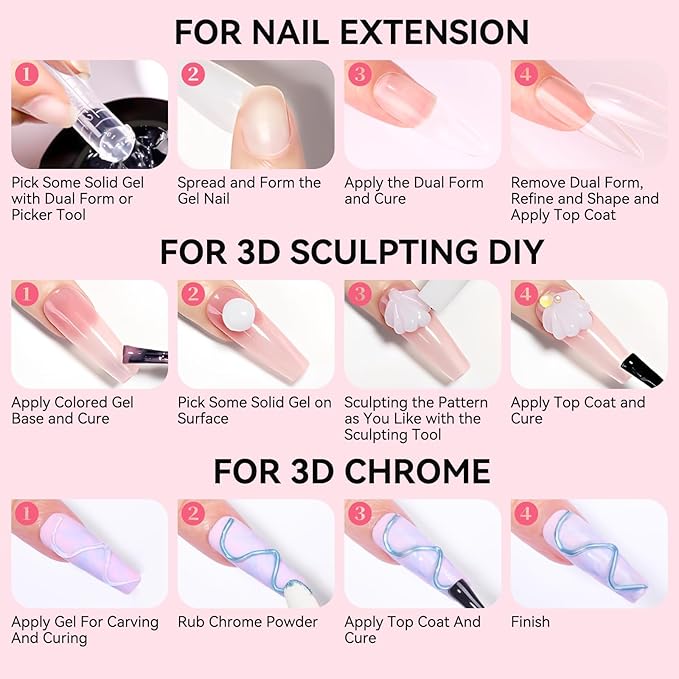 Makartt 3D Gel Nail Art: 50g 3D Nail Gel Clear Non-sticky 3d Sculpting Gels, 4-in-1 Solid Gels Builder for Extension, UV Glue for Acrylic Tips, Rhinestones & 3d Carving for Home Salon DIY