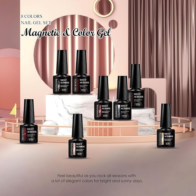 MEET ACROSS 8pcs Gel Nail Polish Set, Soak off UV LED Lamp Gel Nail Polish Cat Eye Set Home Gel Manicure Kit 7ml (Cat Eye + color Gel-4)